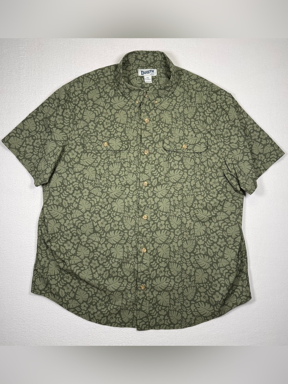 Duluth Trading Co Olive Green Leaf-Print Button-Up Shirt 2xl